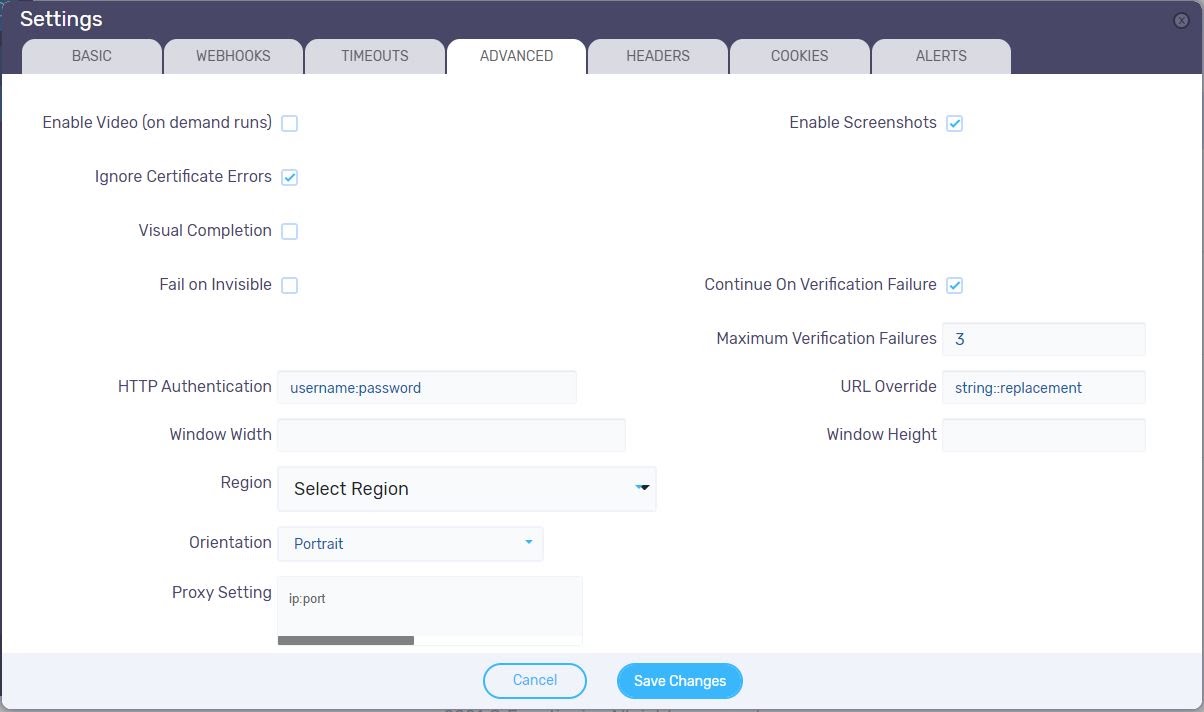 advanced settings modal