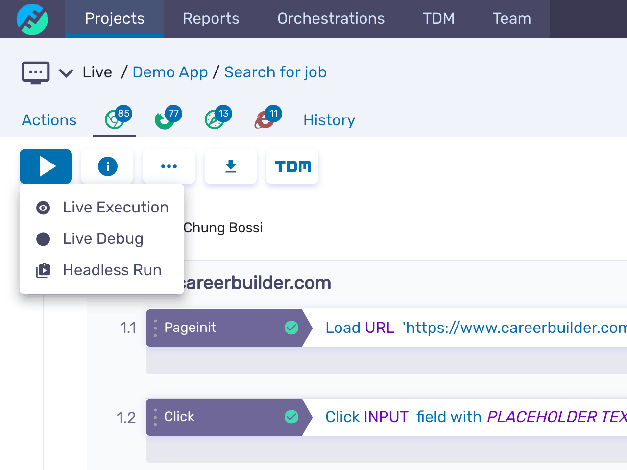 Three ways to execute tests within the same project in Functionize.