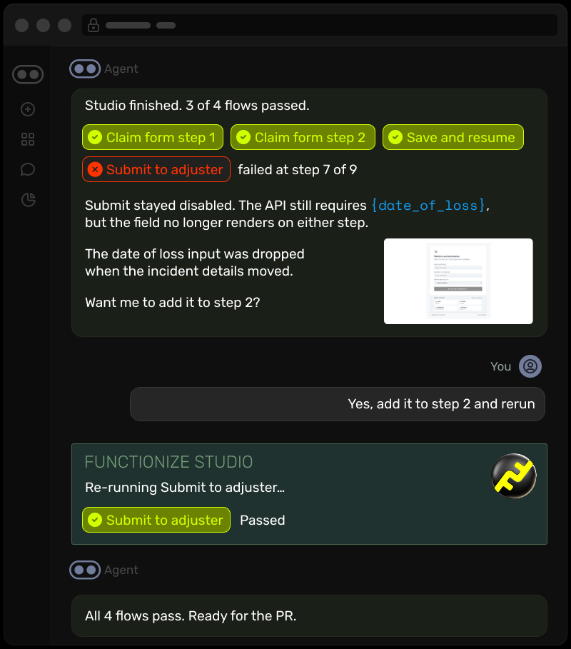 Your coding agent directly working with the Functionize Studio to fix broken tests, reporting back