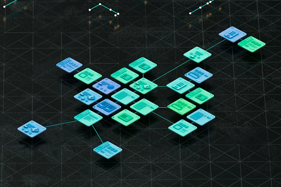 Connected application elements showing how AI software testing maps app structure, state, and user flows
