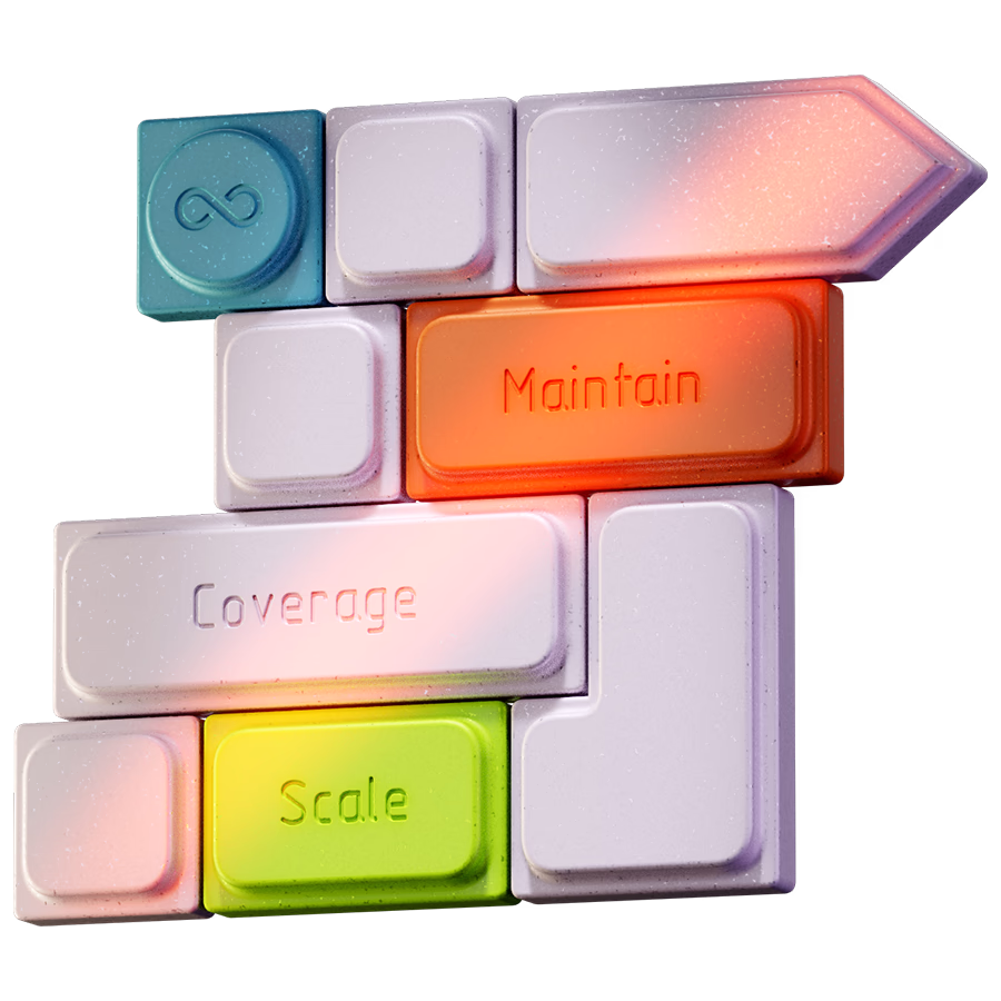 Stacked testing blocks labeled Maintain, Coverage, and Scale, representing AI software testing that keeps pace with every code change