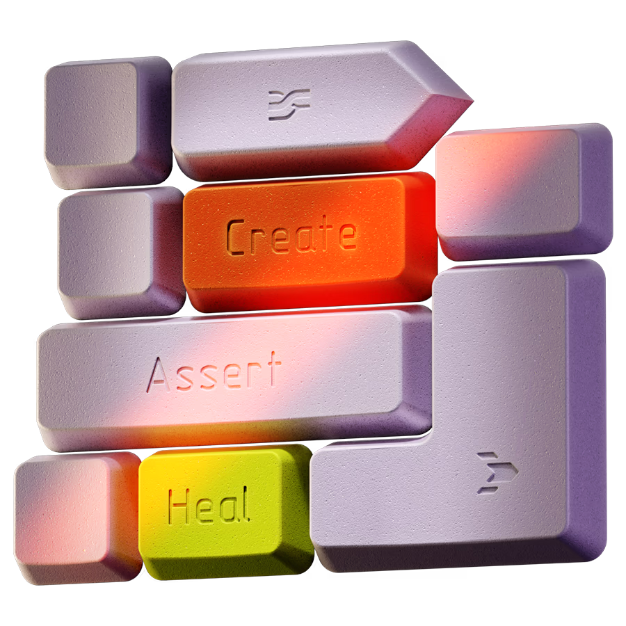 Stacked testing blocks labeled Create, Assert, and Heal, representing AI agents that build, run, and maintain software tests for testers