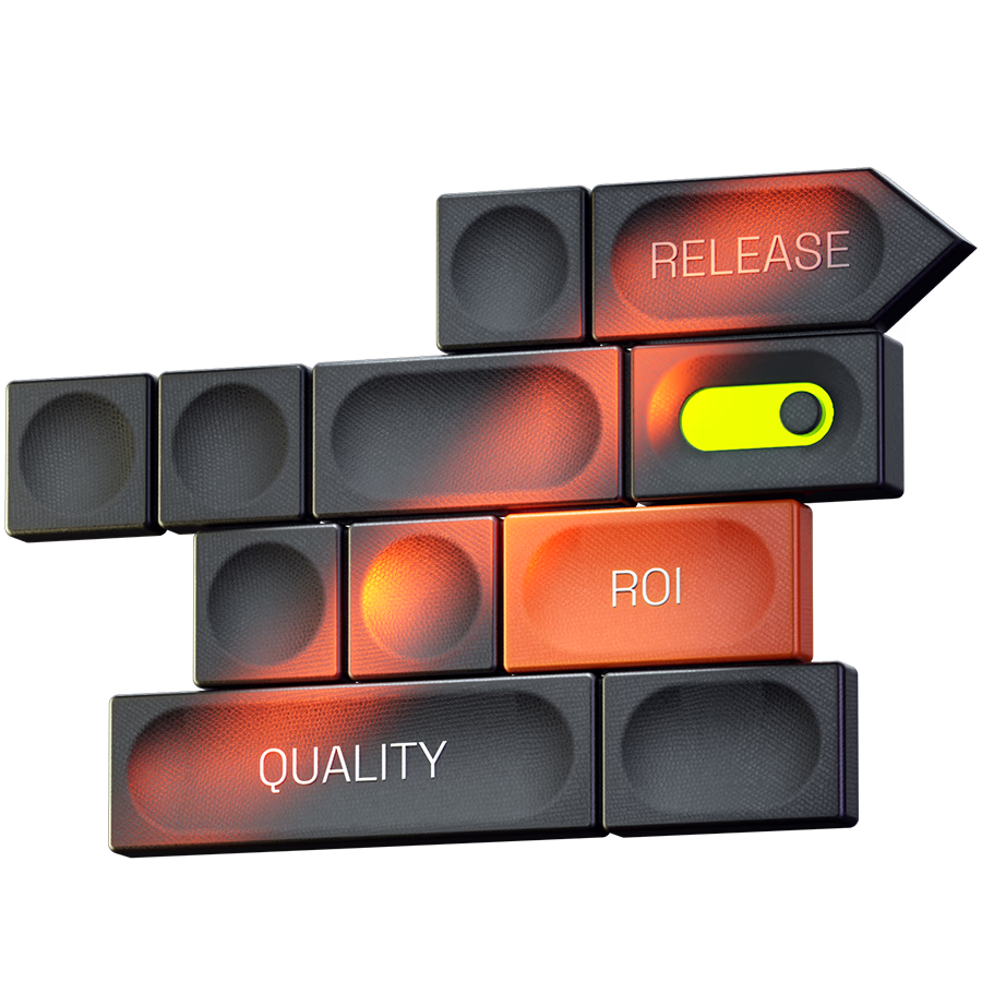 Stacked blocks labeled Quality, ROI, and Release, representing AI software testing that improves release decisions as teams scale