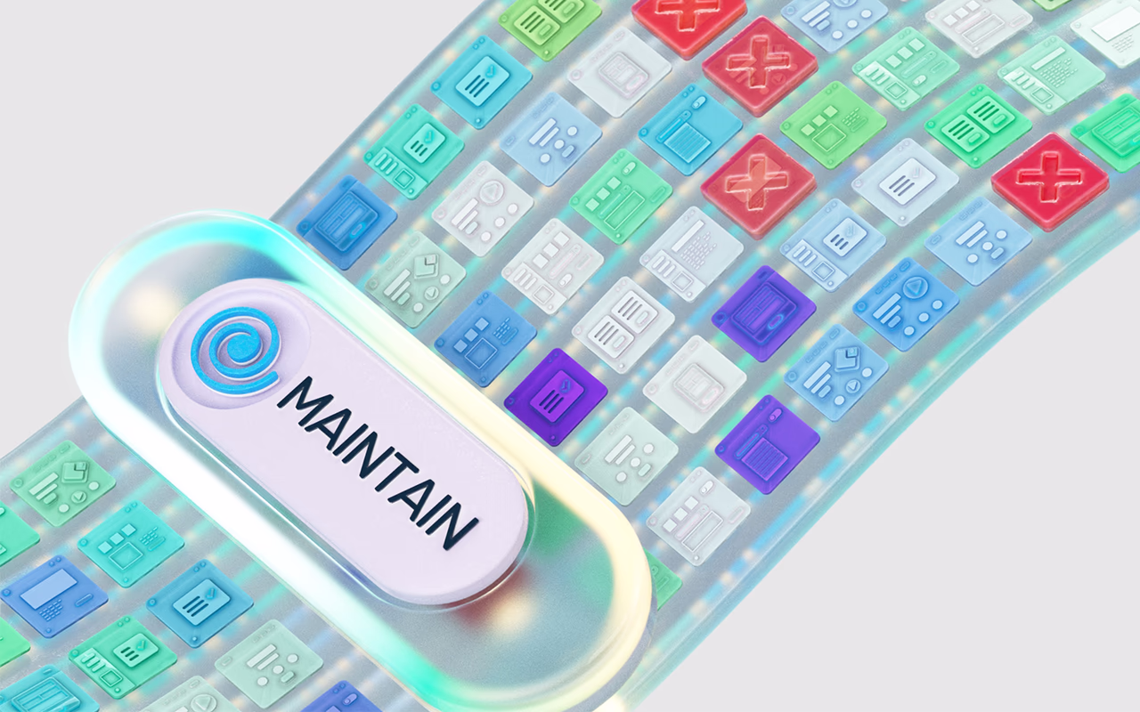 Maintain button over application screens, representing automated test maintenance as the UI changes