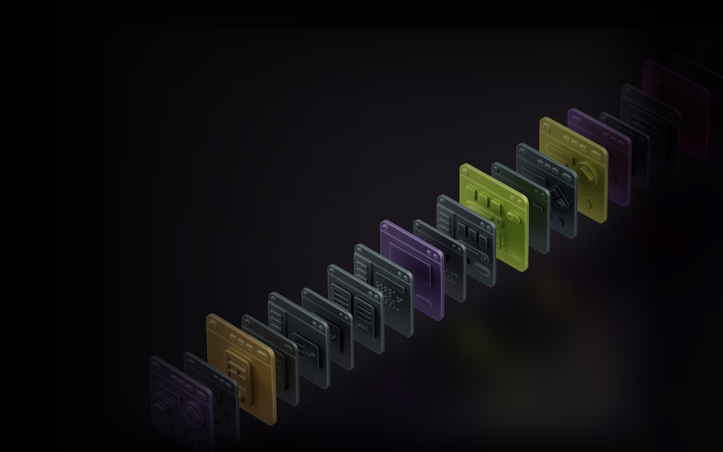 Layered application screens representing an independent AI testing agent checking each software build and how the app behaves
