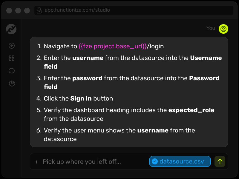Test Dara Management in Studio: import your CSV table with all the data and map it simply by prompting - system will do the rest