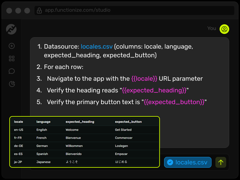 Test Dara Management in Studio: import your CSV table with all the data and map it simply by prompting - system will do the rest