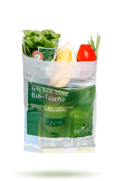 En Natura Packaging -biopåse baserad på förnybara råvaror som används för att transportera dagligvaror