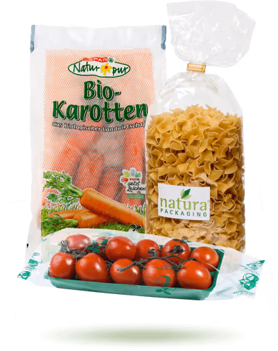 Mikroplast-fri and nedbrytbar emballasje fra Natura Packaging brukt til organiske gulrøtter, pasta og tomater