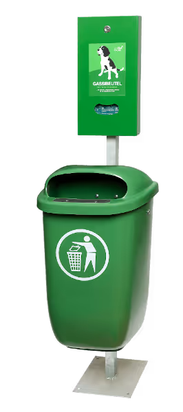 Annostelulaite biohajoaville koirankakkapusseille, jäteastia ja tolppa, jotka muodostavat kokonaisuuden koirankakkojen keräämiseen