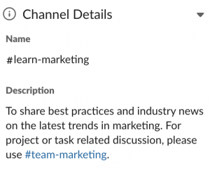 Slack channel organization: use channel description