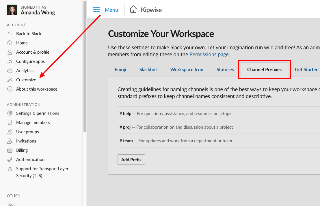 Slack tips and tricks - Customize Channel Prefixes