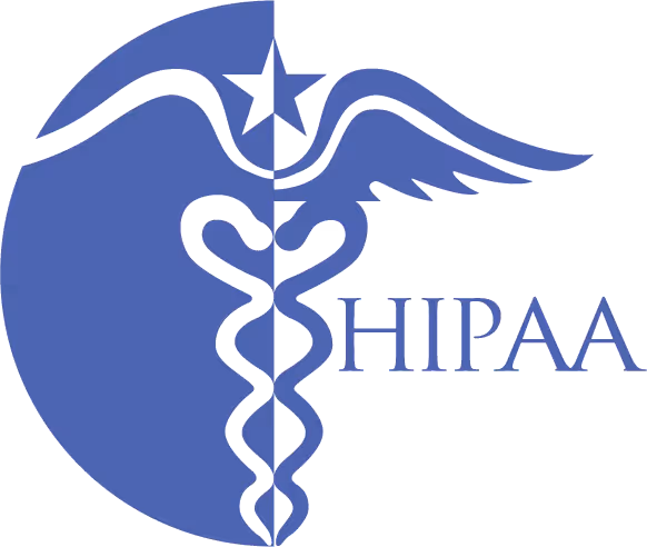 Formstack partner HIPAA logo featuring a blue caduceus symbol with wings and a star above the letters HIPAA, representing healthcare compliance.