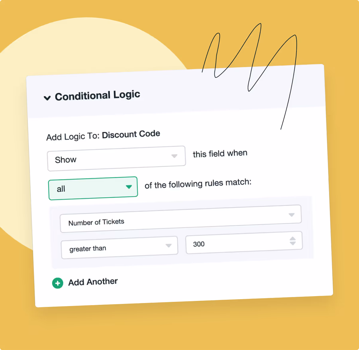 Screenshot of a Formstack conditional logic setup showing rules to display a discount code field when ticket quantity is greater than 300.