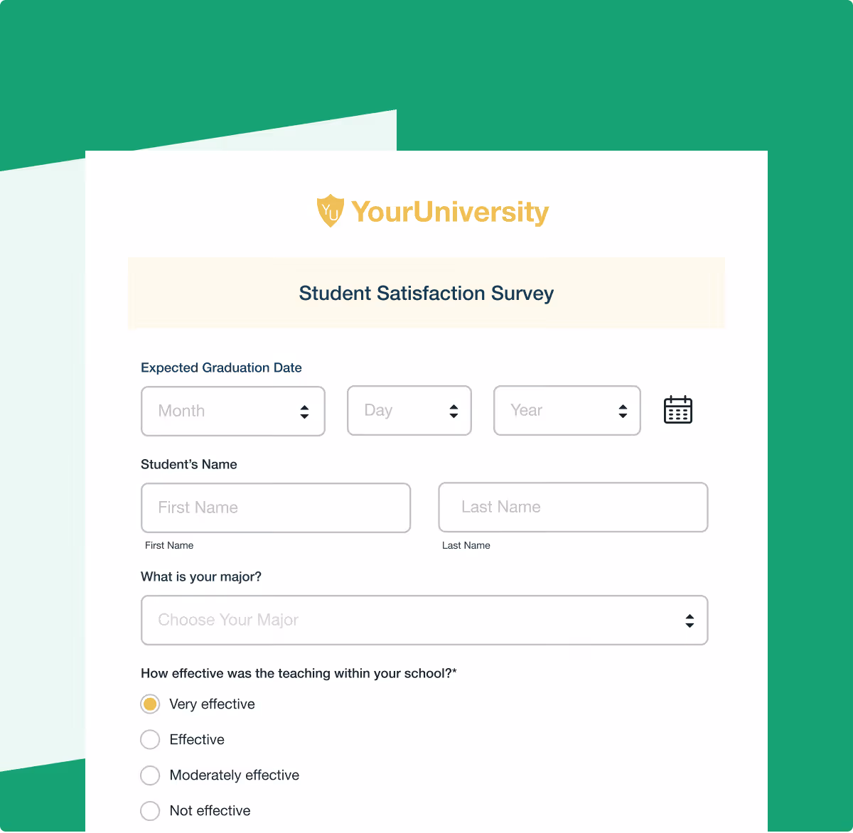 Formstack student satisfaction survey for YourUniversity, showing fields for graduation date, name, major, and teaching effectiveness rating.