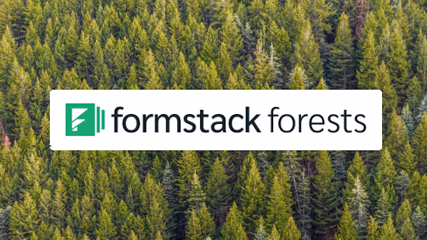Formstack Forests logo displayed over a background of lush green trees.