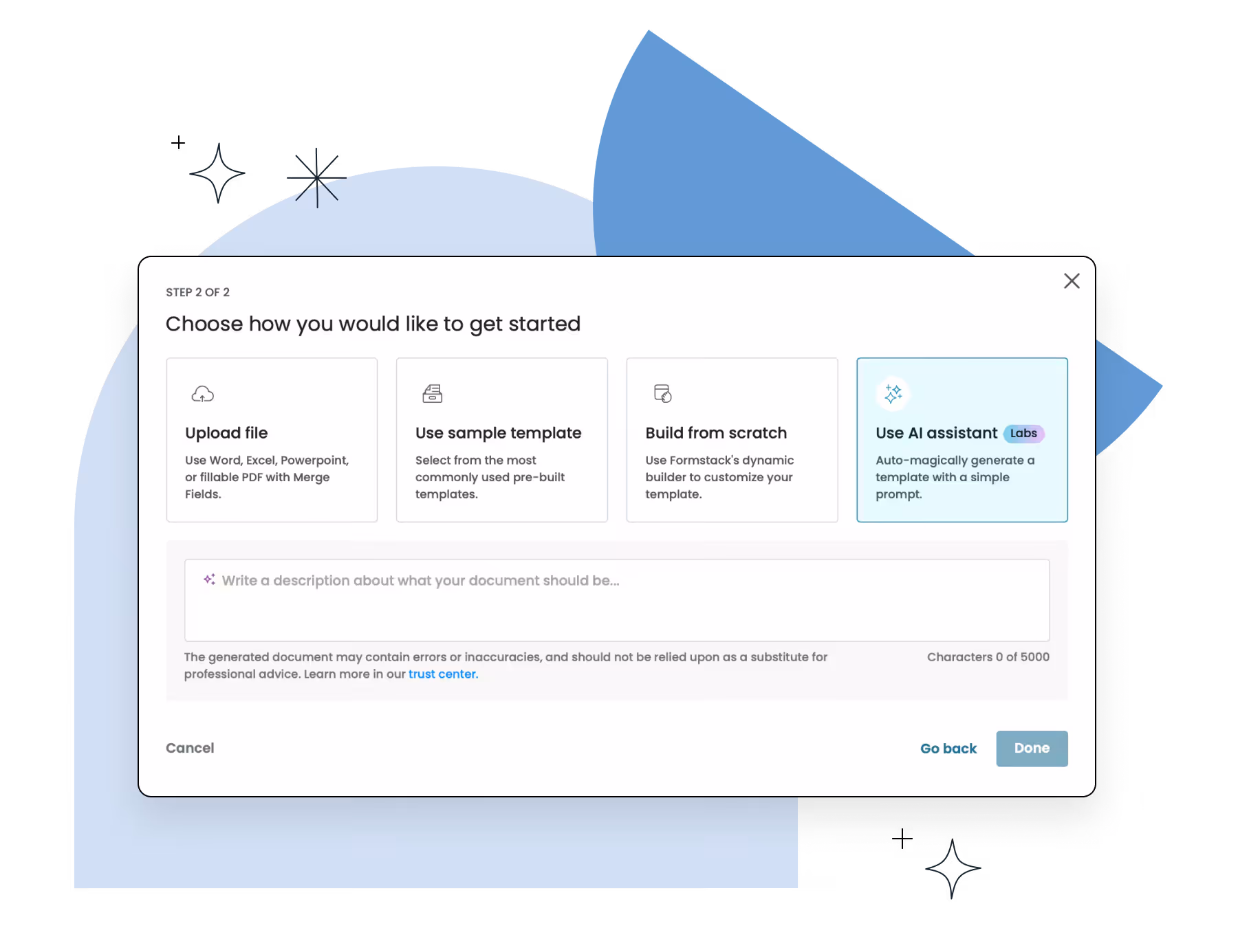 Formstack interface showing step 2 of 2 for starting a document, with options to upload a file, use a sample template, build from scratch, or use the AI assistant.