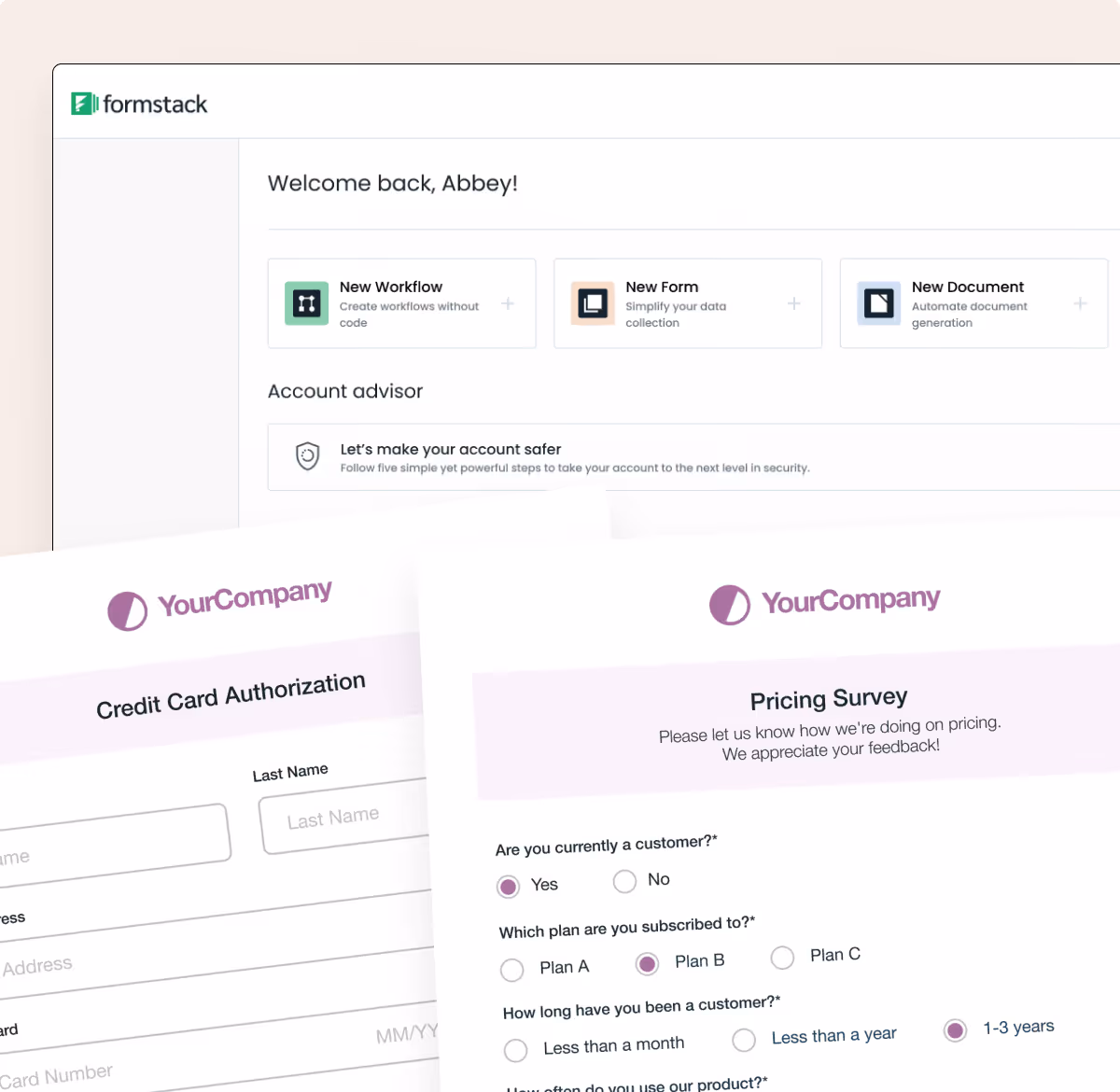 Formstack dashboard with options to create a new workflow, form, or doc, with examples of branded forms for credit card authorization and pricing surveys.
