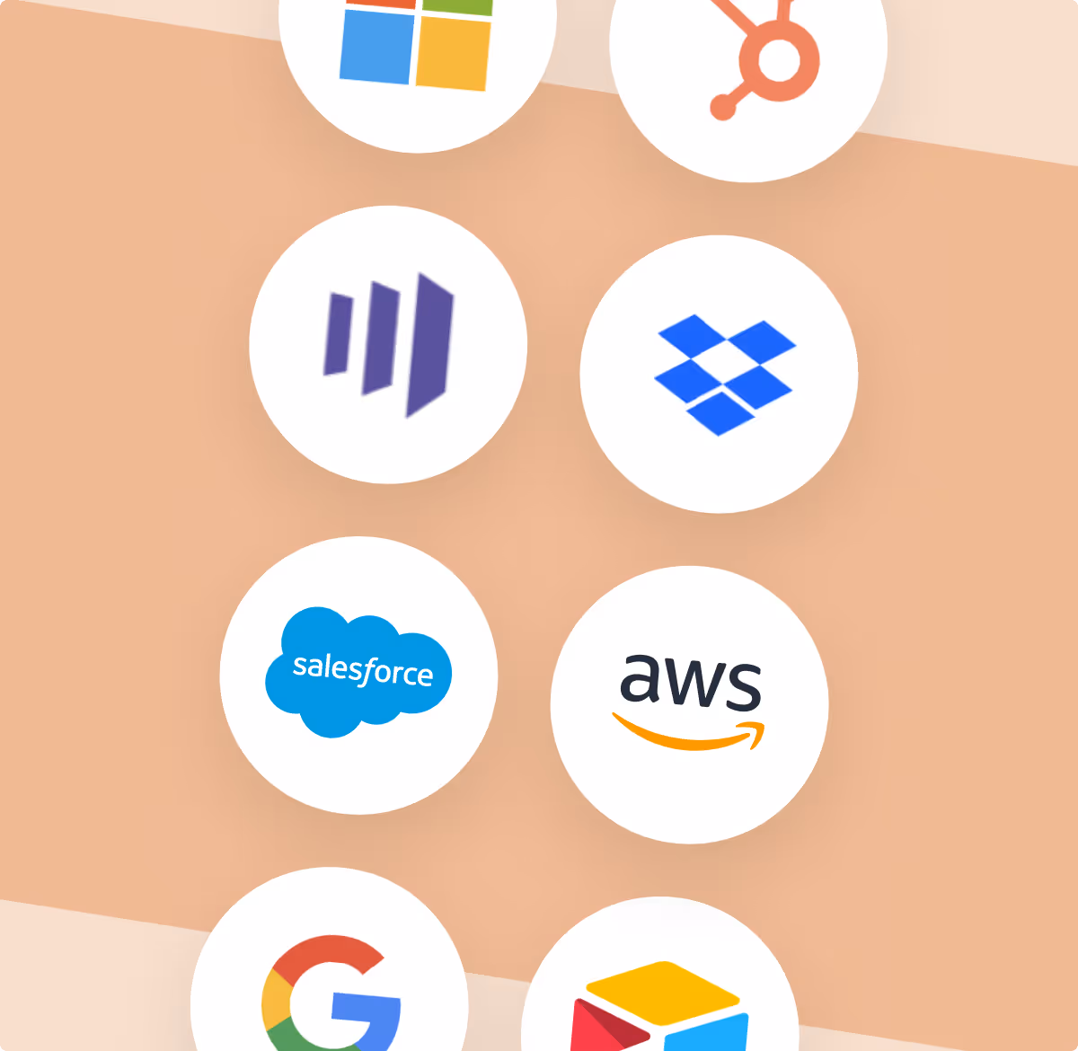 Logos of various software integrations, including Microsoft, HubSpot, Marketo, Dropbox, Salesforce, AWS, Google, and Airtable.