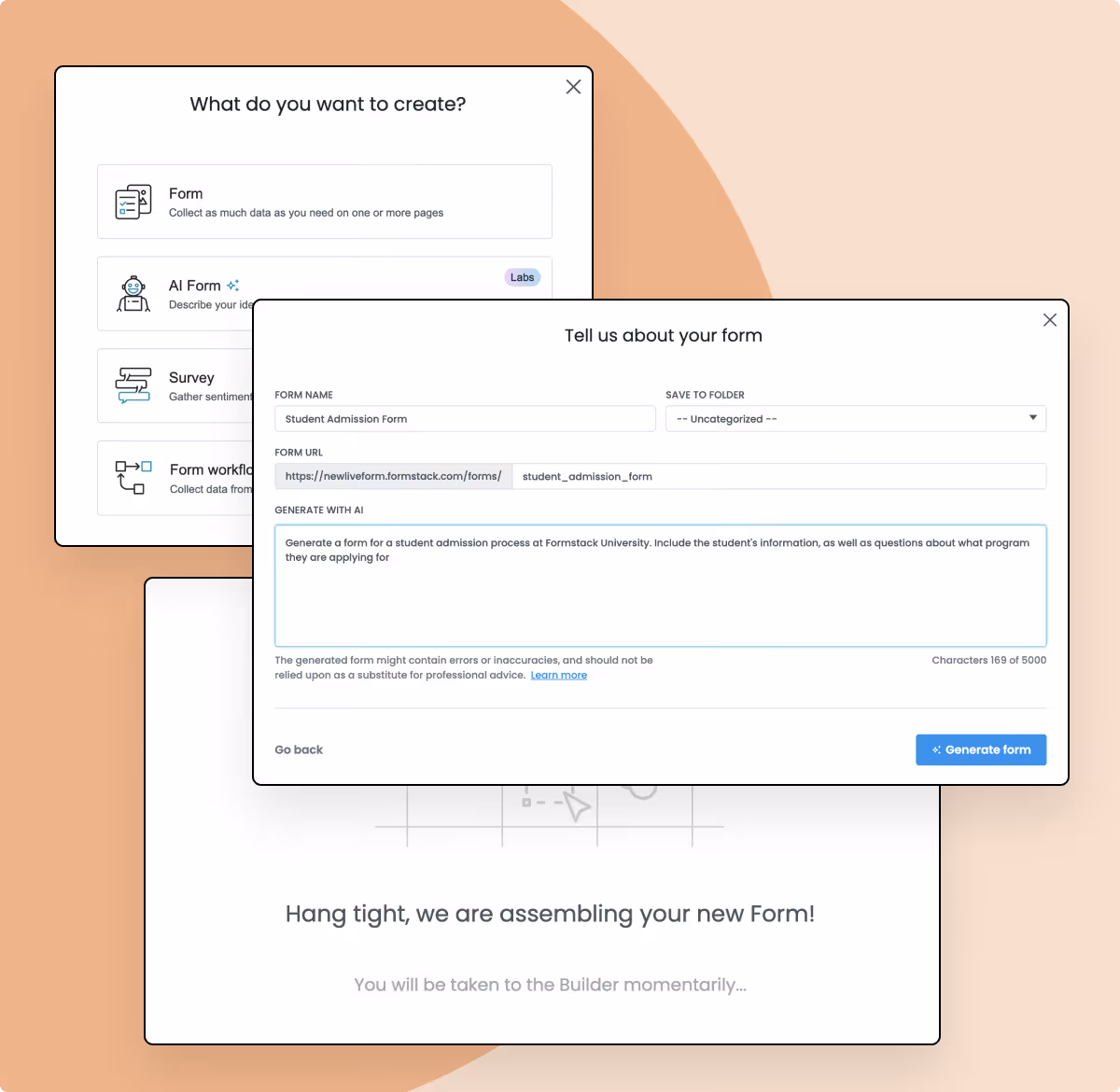 Formstack form creation interface showing options to create a form, AI form, survey, or workflow, with a Student Admission Form being generated.