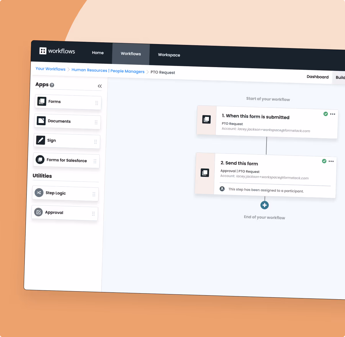 Formstack Workflows interface showing a PTO request process, with steps for form submission and approval assignment.