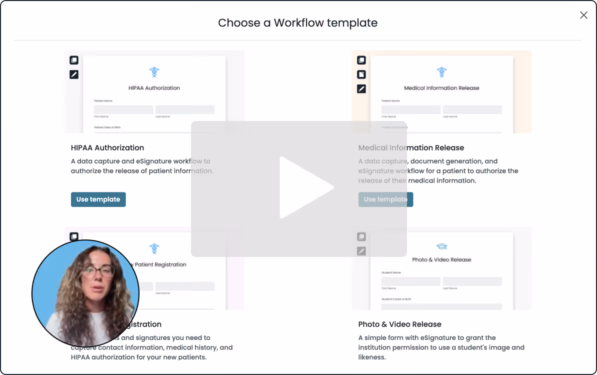 Formstack interface showing workflow template options, including HIPAA Authorization, Medical Information Release, Patient Registration, and Photo & Video Release, with a presenter in the corner.