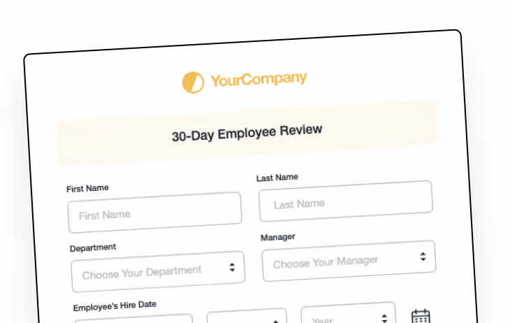 Formstack 30-Day Employee Review form for YourCompany, showing fields for name, department, manager, and hire date.