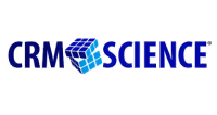 CRM Science logo with bold blue text and a bright geometric lightning icon forming the letter S in the center