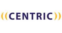 Centric logo in purple uppercase letters with yellow brackets on each side, creating a bold standout effect
