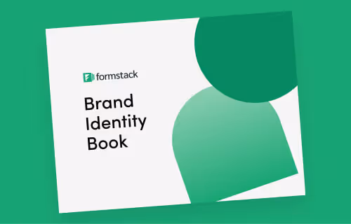 Formstack Brand Identity Book cover on a green background, with bold geometric shapes.