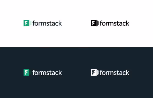 Four variations of the Formstack logo displayed on different backgrounds, including green, black, and white versions.