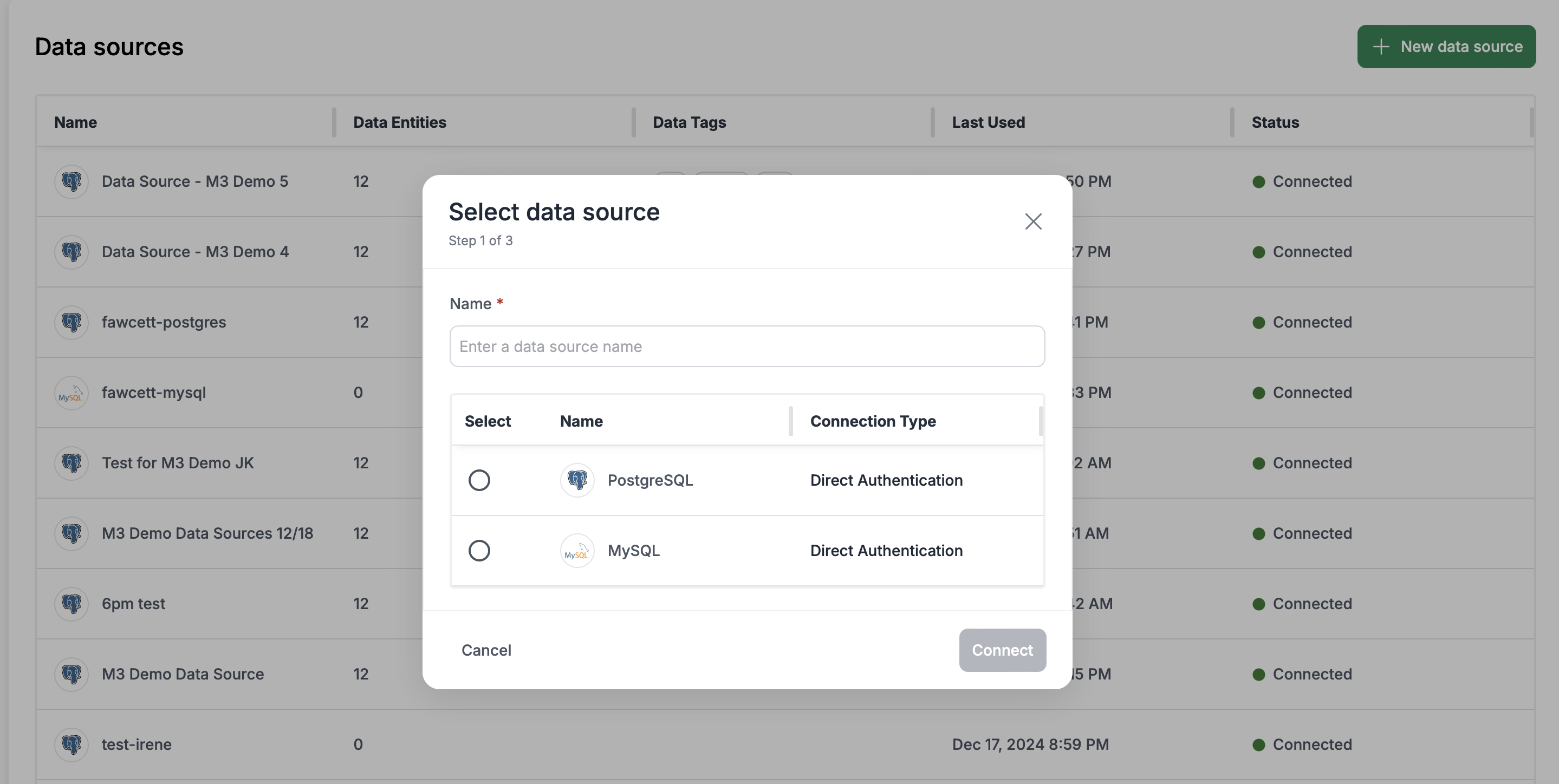 Formstack Data Sources interface showing a pop-up to select a data source, with PostgreSQL and MySQL options listed under direct authentication connection type.