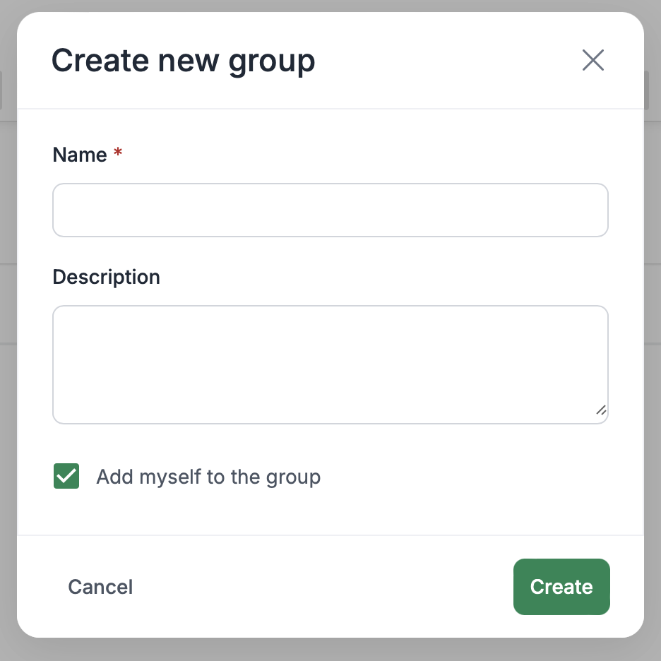 Create new group form with fields for name, description, and checkbox to join group.