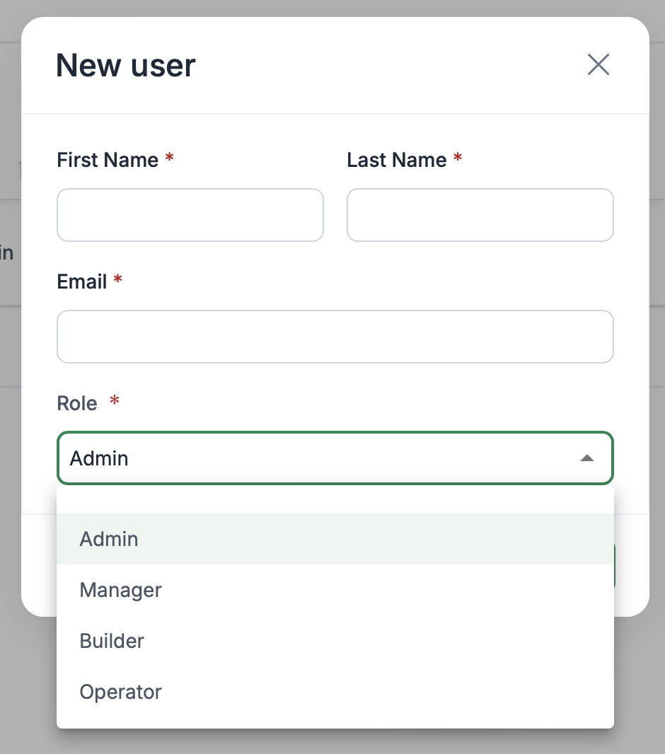 New user creation form with fields for name, email, and role selection dropdown.