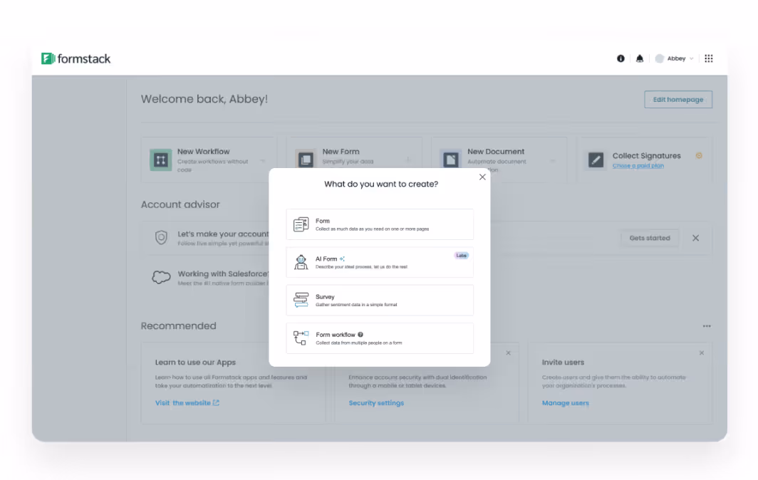 Formstack op-up menu asking What do you want to create? with form, AI form, survey, and form workflow creation options.