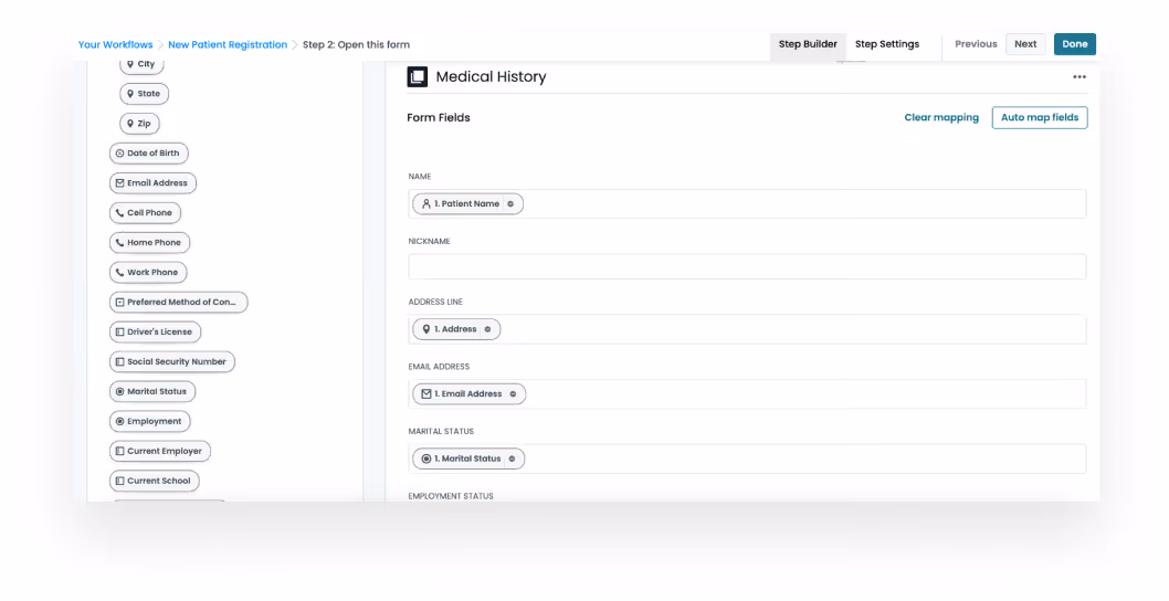 Formstack workflow step for New Patient Registration, showing the Medical History form with mapped fields.