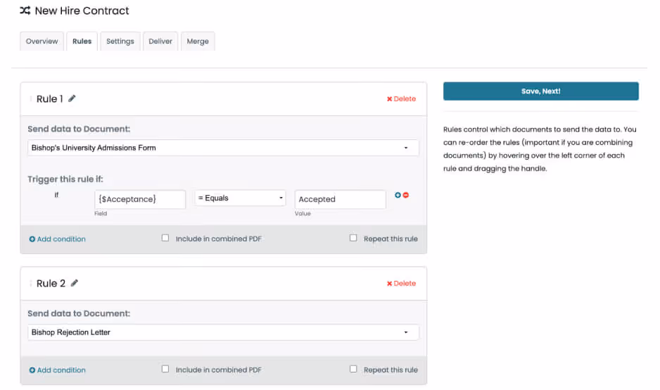 Form builder rules screen showing conditions for sending either an admissions form or a rejection letter based on acceptance status.
