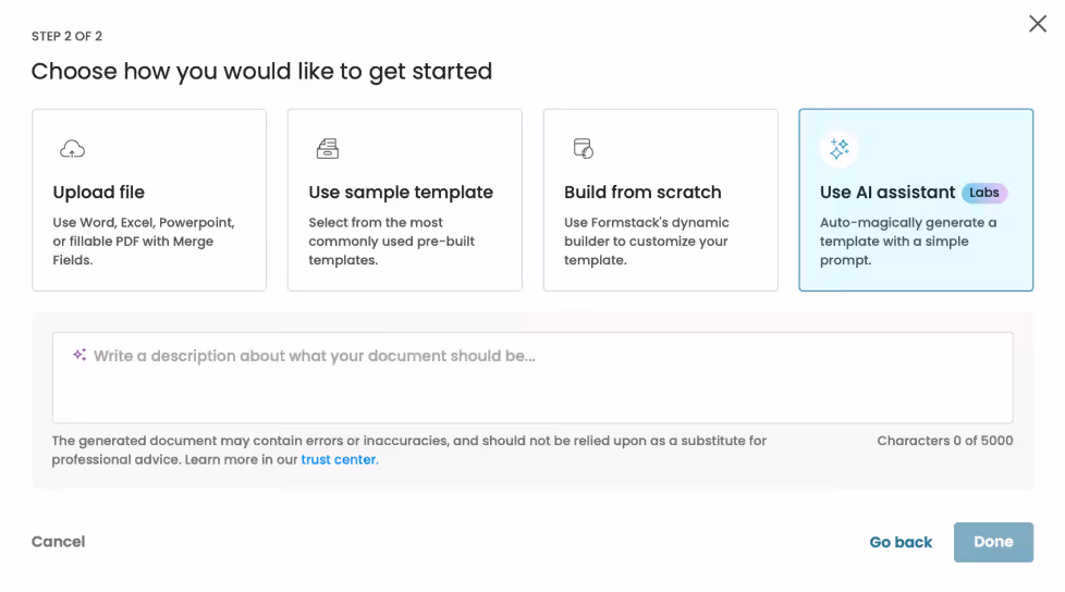Formstack interface showing options to upload a file, use a sample template, build from scratch, or use the AI assistant.