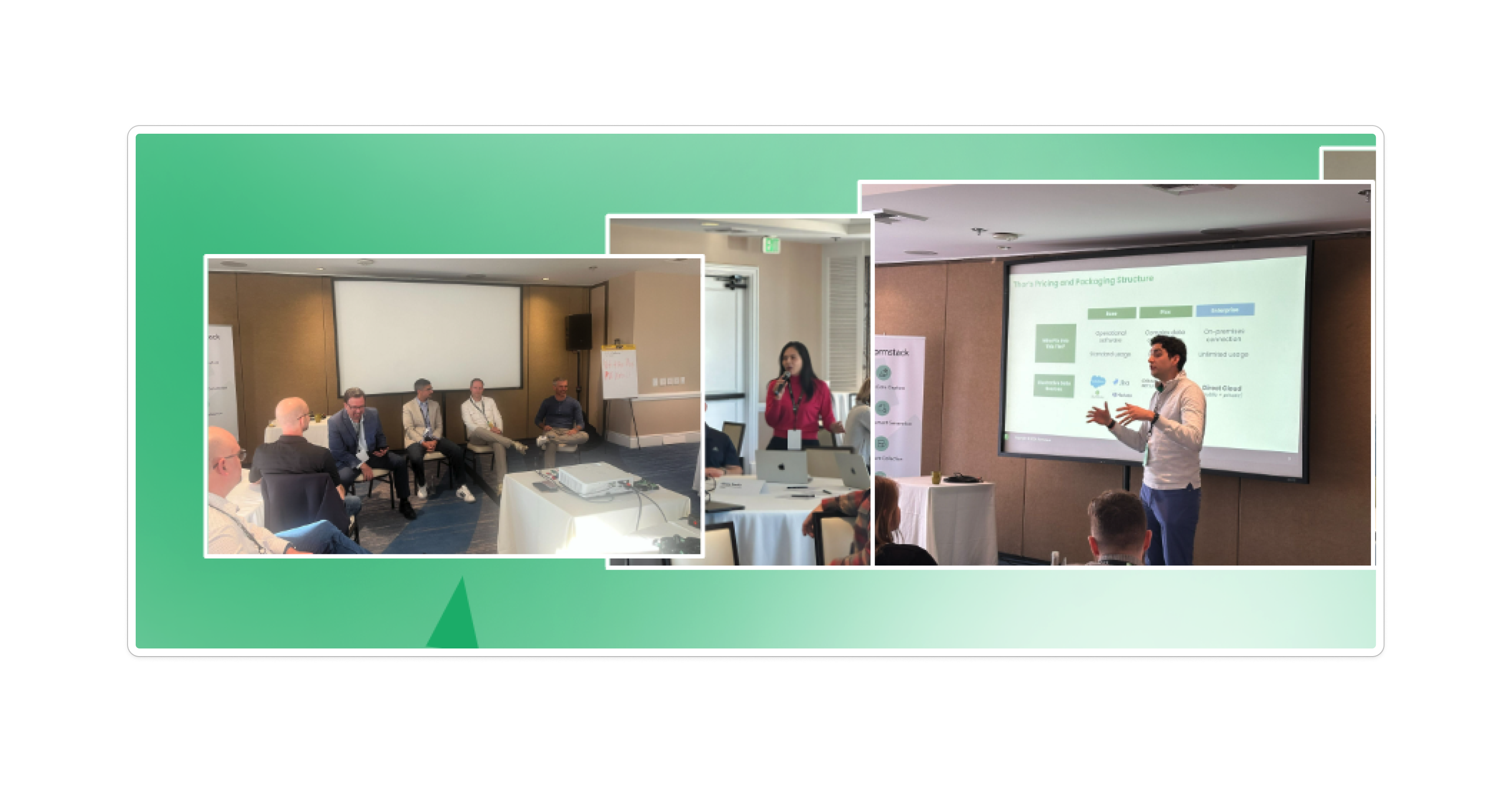 Collage of Formstack event sessions showing a panel discussion, a woman presenting, and a man giving a talk on pricing and packaging.