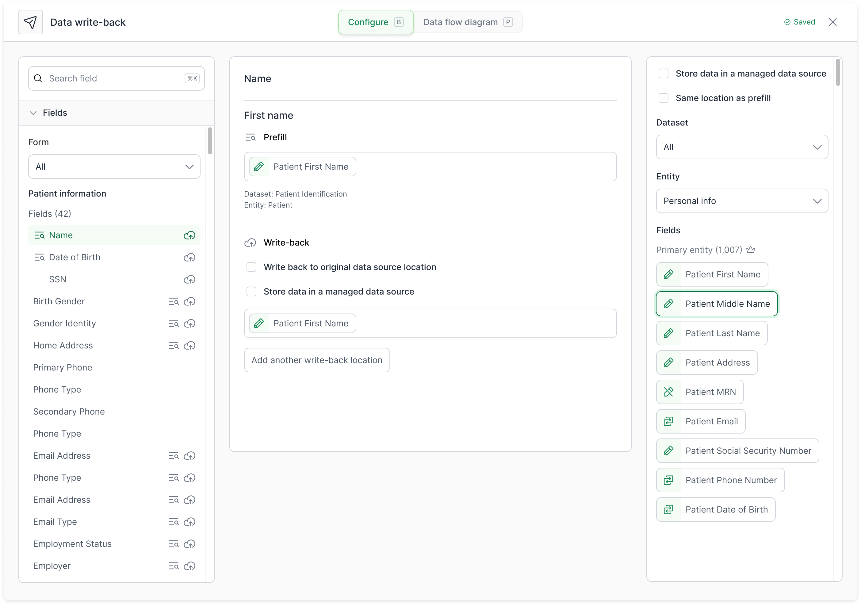 Formstack Data Write-back configuration screen showing patient information fields, prefill options, and write-back settings.