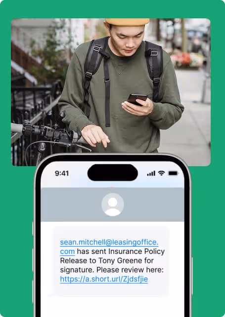 Man walking with a bike checks phone while an enlarged phone screen shows a Formstack document signature request.