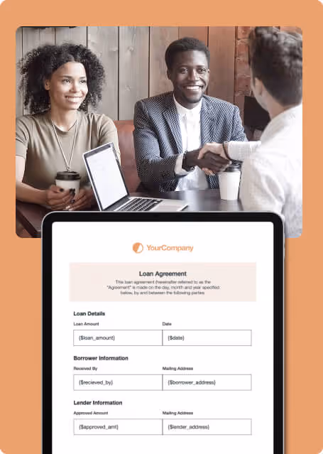 Two professionals shake hands over coffee as a tablet displays a Formstack-powered digital loan agreement form.
