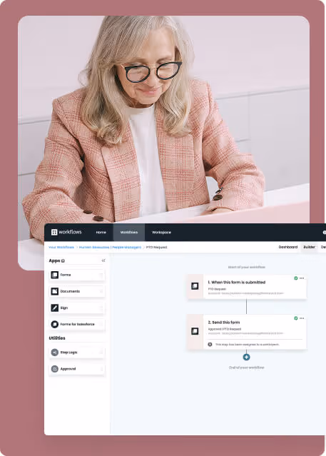 Smiling woman in glasses uses a laptop with a Formstack Workflows dashboard visible on the screen.