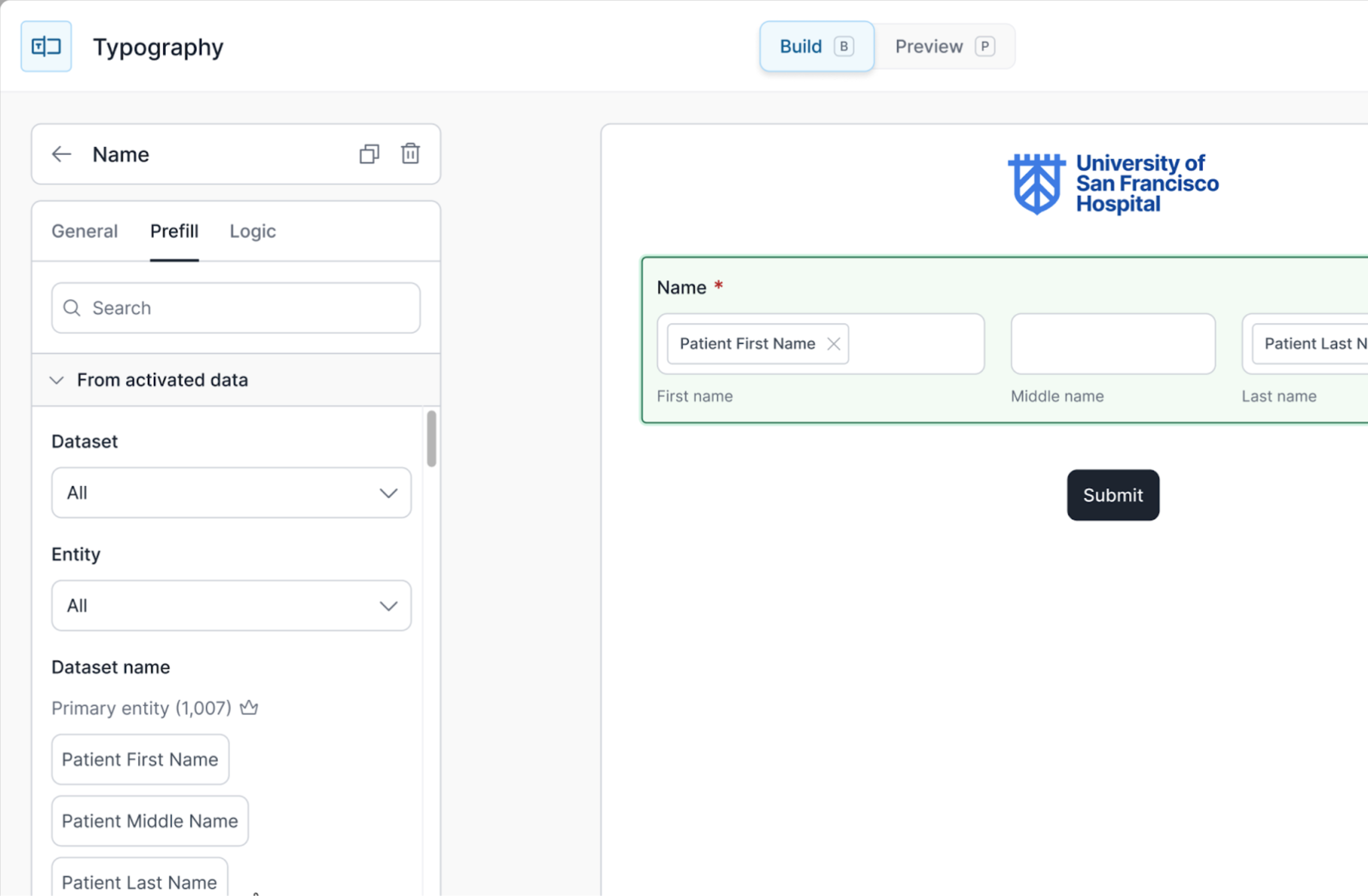 Formstack Prefill configuration screen mapping patient first and last name fields in a form for University of San Francisco Hospital.