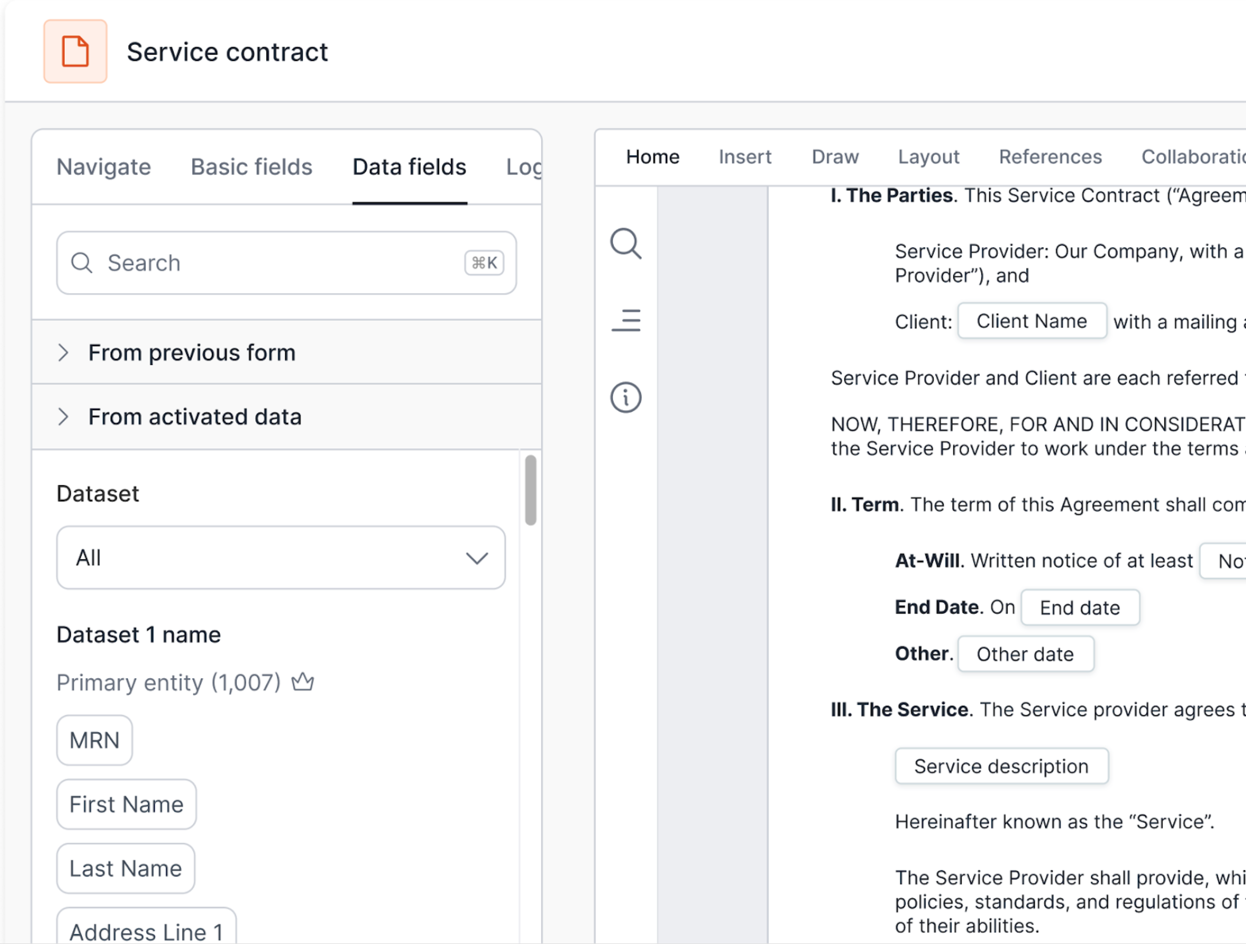 Formstack document editor showing a Service Contract with data fields for client name, dates, and service description, alongside dataset field mapping options.