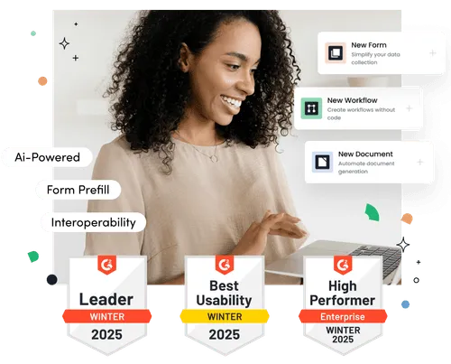 Smiling woman using a laptop with Formstack award badges displayed below.