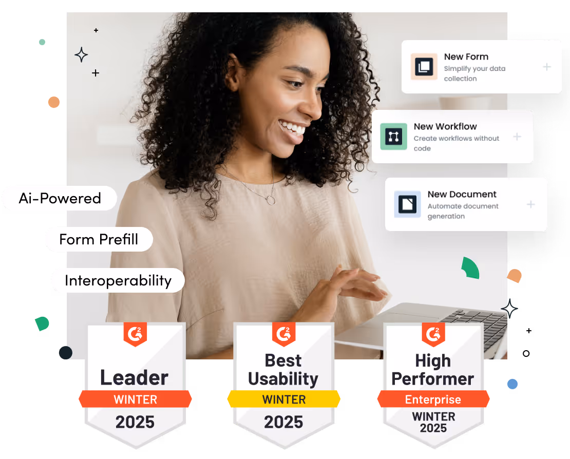 Smiling woman using a laptop with Formstack award badges displayed below.