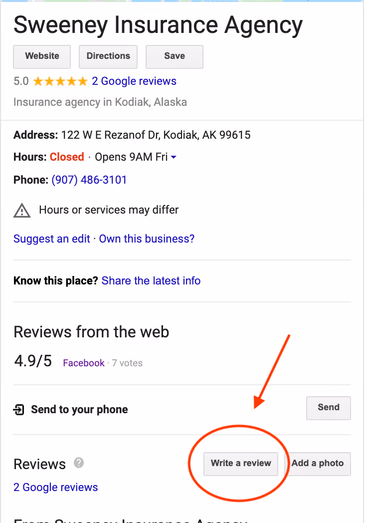 Screenshot showing where to write a google review for Sweeney Insurance Agency in Kodiak, Alaska