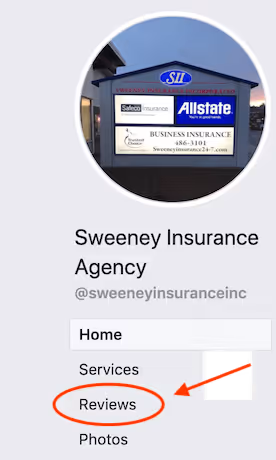 Screenshot showing where to leave a Facebook review for Sweeney Insurance of Kodiak