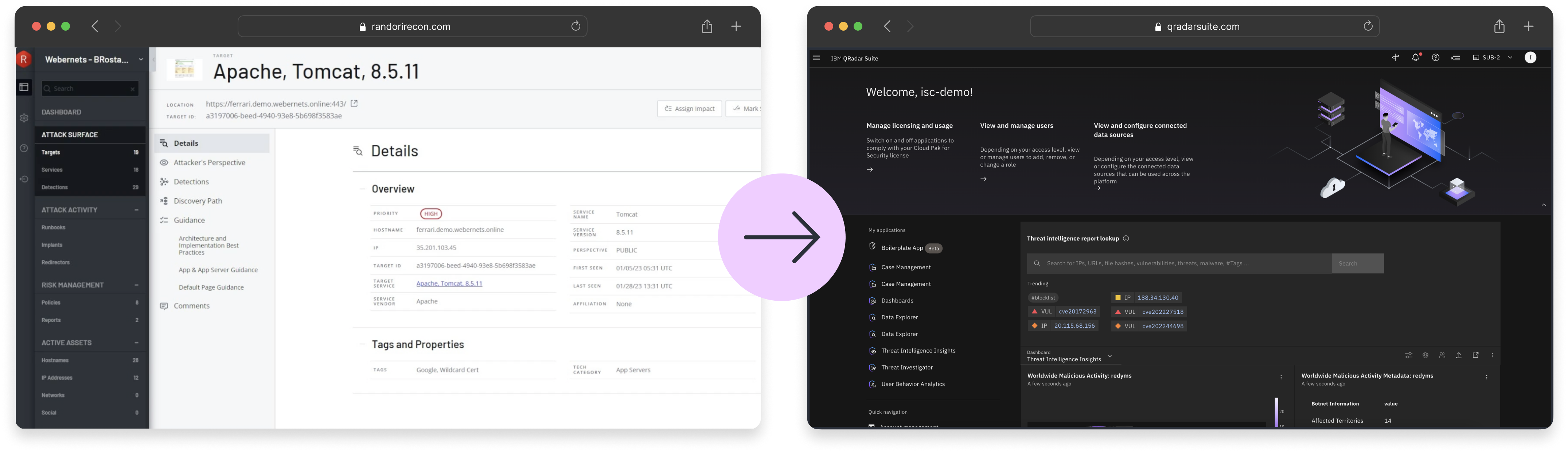 A side-by-side screenshot of Recon and QRadar Suite